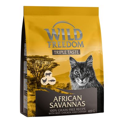 A bag of Wild Freedom Adult Spirit of Africa dry cat food with an image of a cat and an silhouette of Africa on the front.