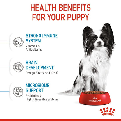 Royal Canin advertisement highlighting health benefits for puppies with a dog and food bowl on a white background.