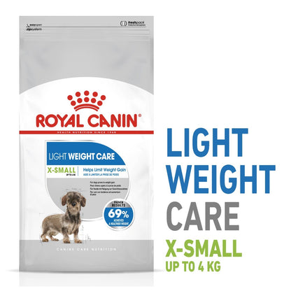 Royal Canin Light Weight Care X-Small dog food package on a white background