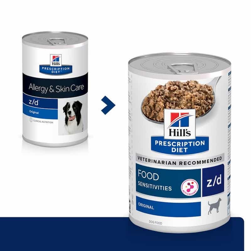 Two cans of Hill's Prescription Diet z/d dog food on a white background